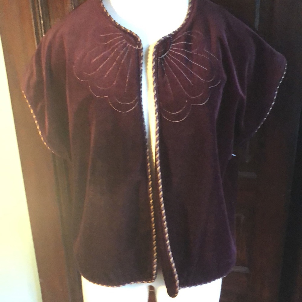 Vintage rich burgundy velvet vest/butterfly stitching/corded accent around edges